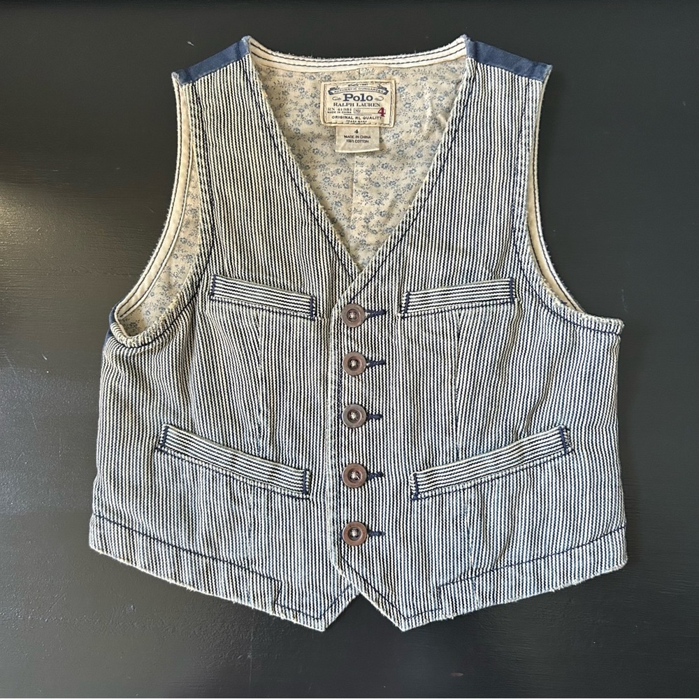 Polo Ralph Lauren Girls Blue And White Striped Distressed  Denim Vest, Size 4